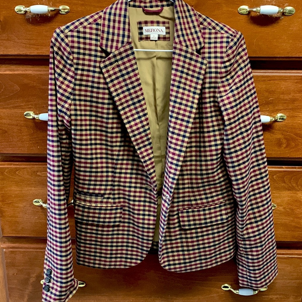 Merona  blazer. Tan with blue and purple plaid. Size 4. Excellent condition
